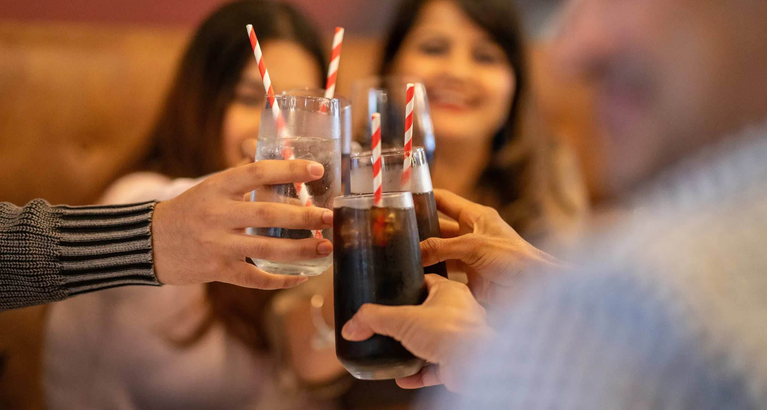 People celebrating with cheers of glasses.